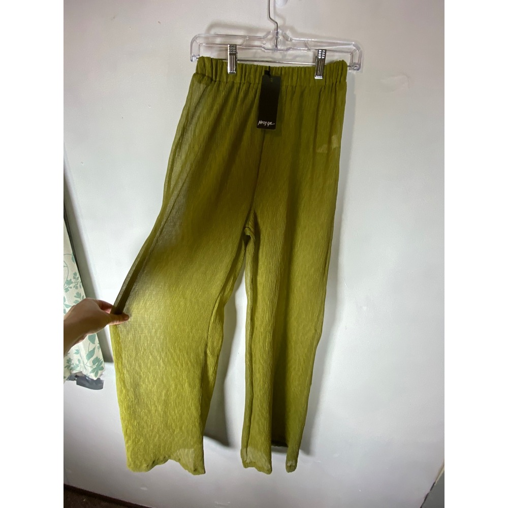 NWT Nasty Gal US 2 Olive Green Crinkle Gauze Sheer Wide Leg Swim Cover Up Pants